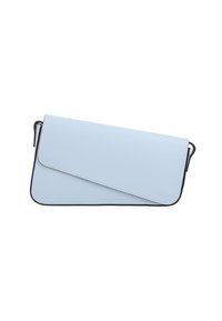 Borsa a pochette in pelle azzurro chiaro con un design rettangolare elegante, caratterizzata da una patta ripiegabile e dettagli neri lungo i bordi.