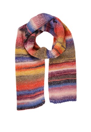 Écharpe tricotée avec un motif vibrant et multicolore dans des nuances de rose, bleu, orange et jaune. Présente une texture douce et des bords frangés.