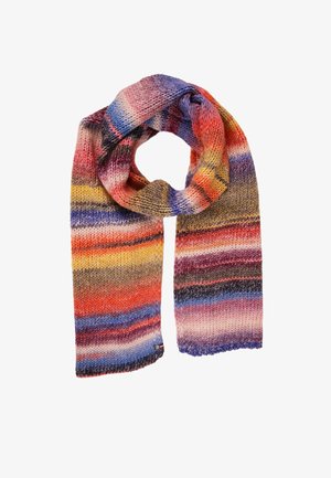 Gehaakte sjaal met een levendig, veelkleurig patroon in tinten roze, blauw, oranje en geel. Heeft een zachte textuur en franjes aan de uiteinden.