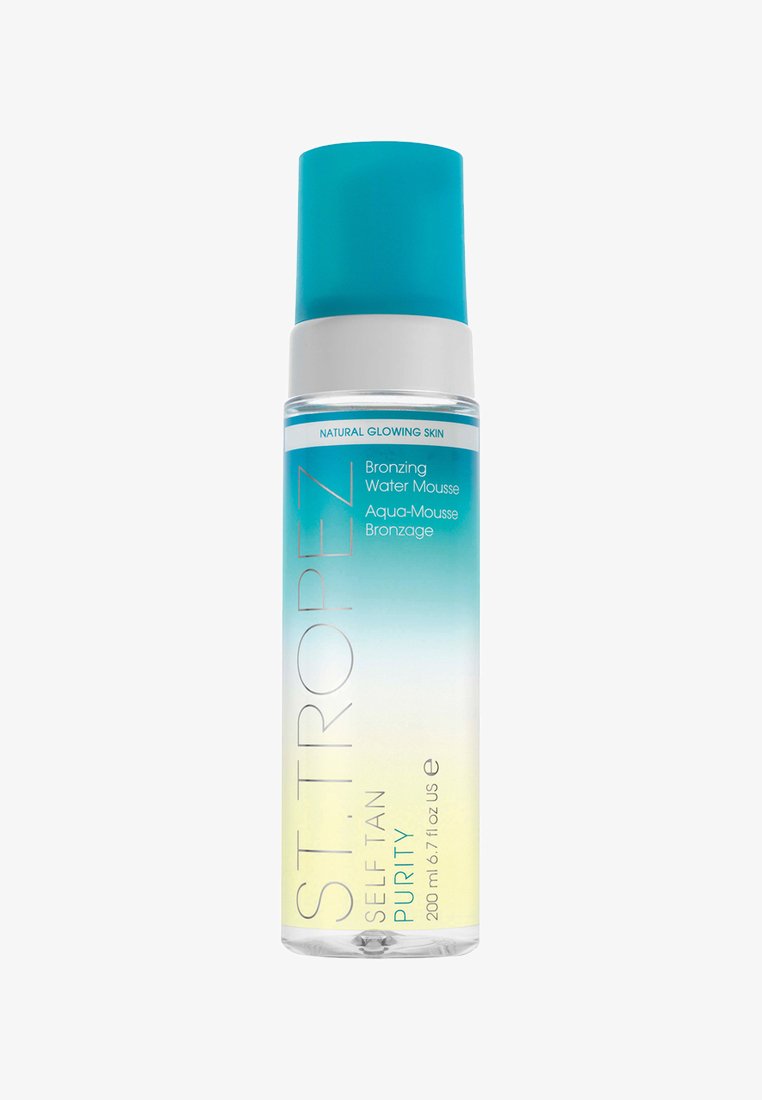 Bronzing-Wasser-Mousse in einer transparenten Flasche, die von Blau nach Gelb gefärbt ist. Weiße Schrift zeigt die Marke und Produktdetails an.