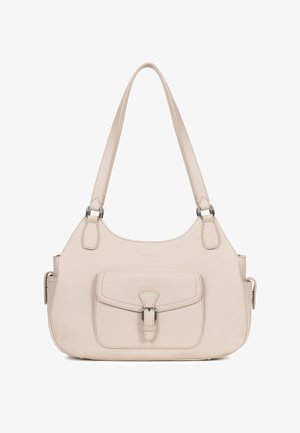 Beige leather shoulder bag with front flap pocket secured by a metal buckle and double straps attached with silver rings.
