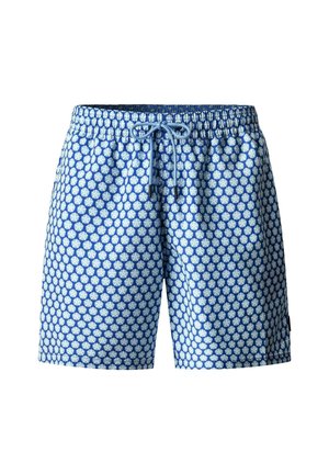 Blå badeshorts med elastisk talje og snøre, med et gentaget mønster af lyseblå søstjerner.