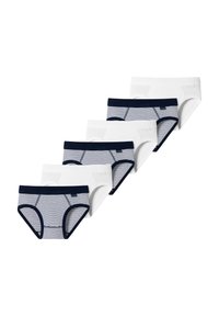 Fünf Paare Baumwollslips: drei weiße und zwei marine-weiß gestreifte. Mit elastischem Bund und glatter Textur.