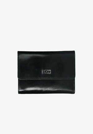 Portafoglio in pelle nera con un design elegante, dotato di una piastra con il logo argento, texture liscia e chiusura a pattina.