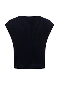 Donker marineblauwe gebreide sweater met korte mouwen en een ribbelstructuur, wijde halslijn en rechte zoom. Heeft cap mouwen en een ontspannen pasvorm.