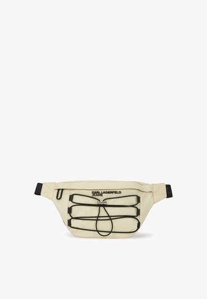 Beige Bauchtasche aus glattem Nylon, ausgestattet mit schwarzen elastischen Riemen, einer Fronttasche mit Reißverschluss und einem Logo-Print. Verstellbarer Riemen inklusive.