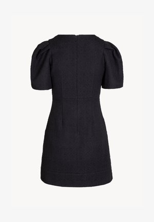 Zwarte jurk met korte pofmouwen, textielstof, getailleerde pasvorm en rits aan de achterkant. Rechte zoomlijn met een minimalistisch ontwerp.
