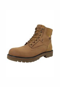 Bottines en daim marron avec bout arrondi, col rembourré, fermeture à lacets sur le devant, semelle en caoutchouc épaisse et détails de couture contrastants.