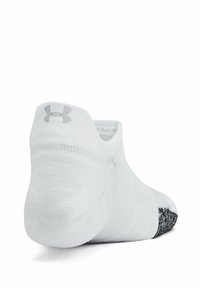 White athletic sock made from a stretchy material, featuring a textured black section at the toe and a gray logo at the ankle.