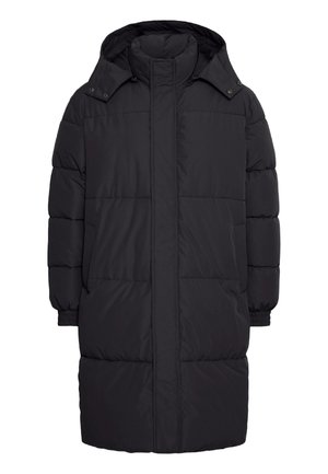 Schwarze Daunenjacke mit Kapuze, ausgestattet mit einem gesteppten Design, langen Ärmeln und seitlichen Taschen. Hergestellt aus leichtem, wasserabweisendem Material.