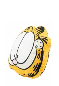 Cuscino rotondo con design di un gatto cartoon. Tessuto giallo con dettagli stampati in bianco e nero, inclusi grandi occhi e baffi. Texture morbida.