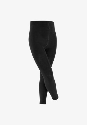 Zwarte legging gemaakt van zachte, rekbare stof. Heeft een brede tailleband en een gladde textuur met een aansluitend ontwerp.