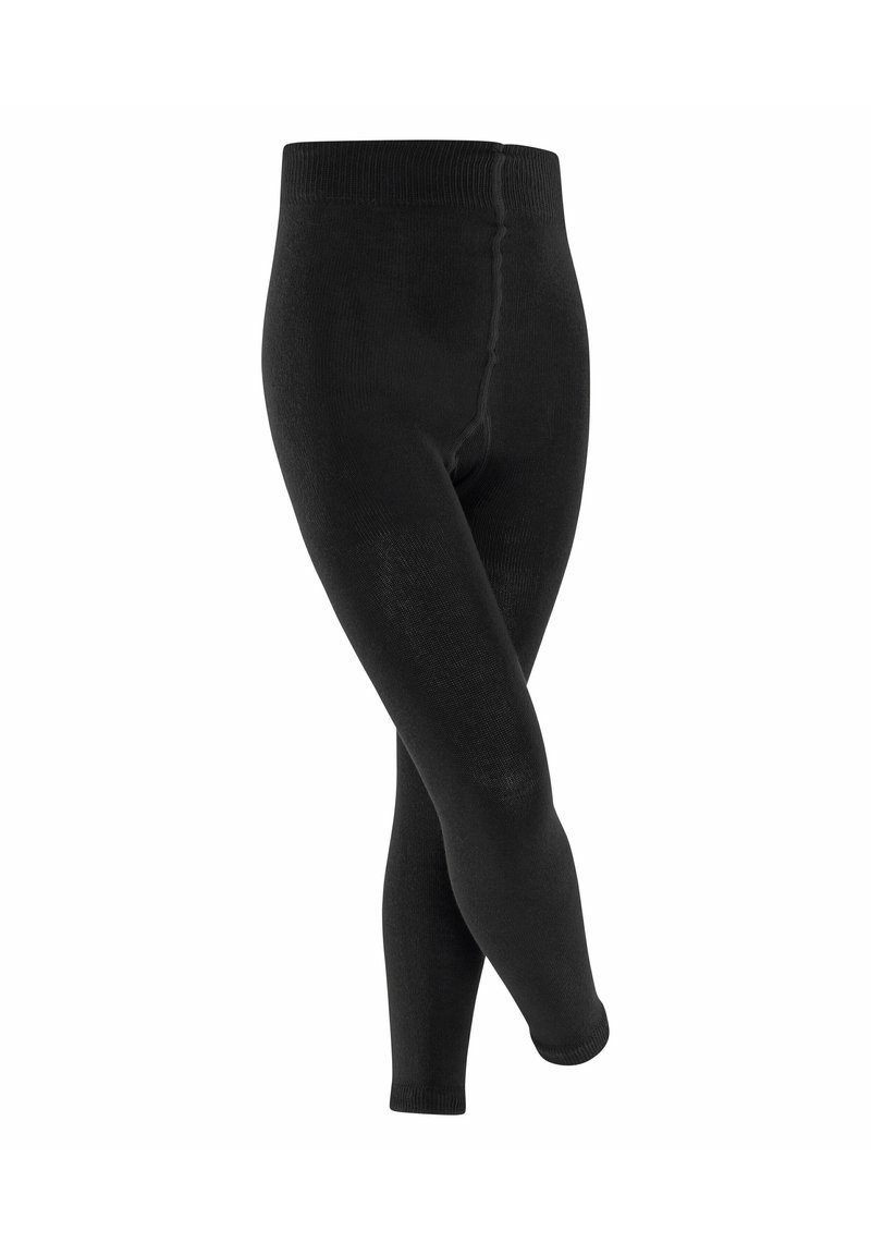 Zwarte legging gemaakt van zachte, rekbare stof. Heeft een brede tailleband en een gladde textuur met een aansluitend ontwerp.