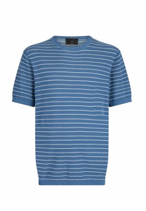 Sinine lühikeste varrukatega kootud särk valgete horisontaalsete triipudega ja ümmarguse kaelusega.