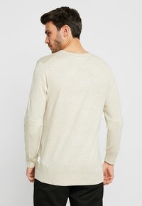 Heller beige Pullover mit langen Ärmeln aus weichem Strickmaterial, mit einem runden Halsausschnitt und einem leicht verlängerten Rückenteil.