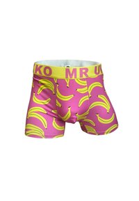 Herrboxershorts med rosa bas, som har gula bananmönster och ett gult midjeband med "MR UK"-text. Slät tygtextur.