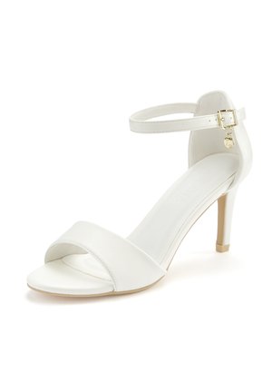 White leather heeled sandal featuring an ankle strap with a gold buckle, open toe design, and a smooth, glossy texture.