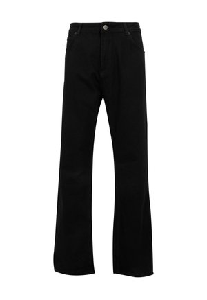 Mustad sirge säärega teksapüksid ees oleva nööbi ja luku kinnitusega, vööaasad ning esimesed taskud, valgel taustal.