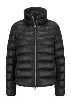 Schwarze Daunenjacke mit hohem Kragen, Reißverschluss, steppdesign und glatter Textur, mit horizontaler Naht und Seitentaschen.