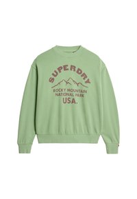 Groene sweatshirt van katoen, met een ronde hals, geribbelde manchetten en een grafische print met bergen en tekst in donkerrood.