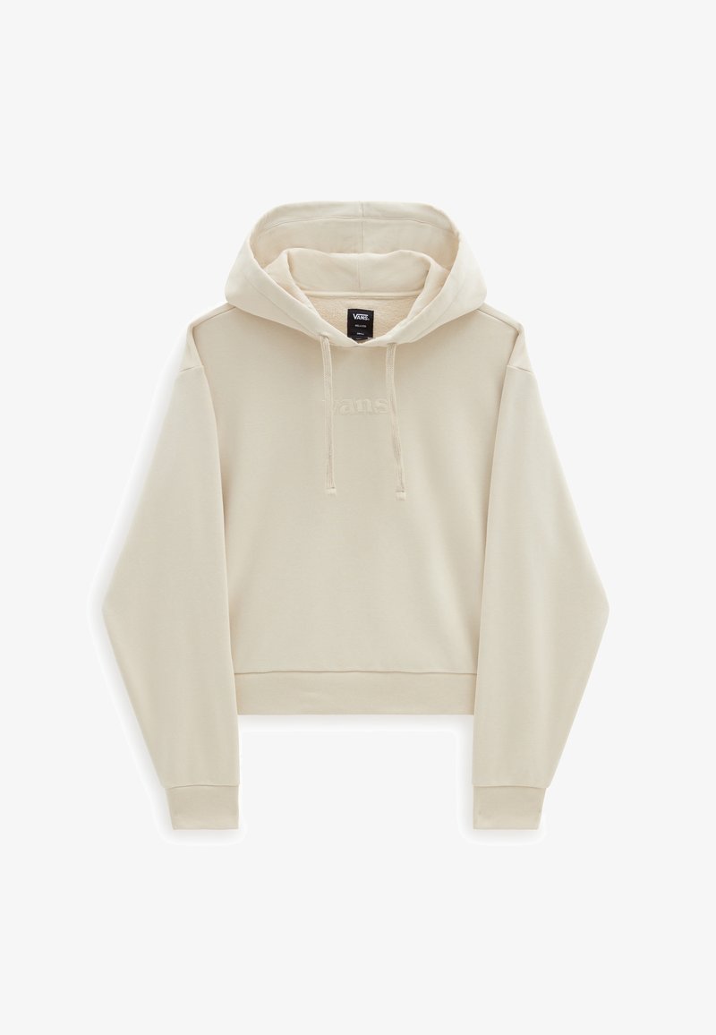 Sweat à capuche court couleur crème avec capuche à cordon, arborant le nom de la marque brodé. Fabriqué en tissu doux et moelleux avec des poignets côtelés.