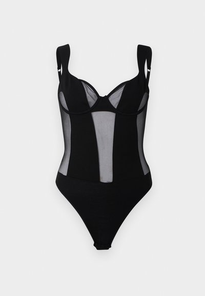 Fekete, testhez simuló bodysuit hálós betétekkel, merevítővel ellátott melltartó kosarakkal, állítható vállpántokkal és patentos záródással az ágyéknál.