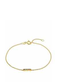 Guldkedjebräcka med en rad färgglada ädelstenar (rosa, grön, blå) i en horisontell balkdesign, säkrad med en kräftklolås.