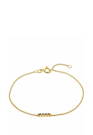 Gouden kettingarmband met een rij gekleurde edelstenen (roze, groen, blauw) gezet in een horizontaal balkontwerp, beveiligd met een karabijnsluiting.