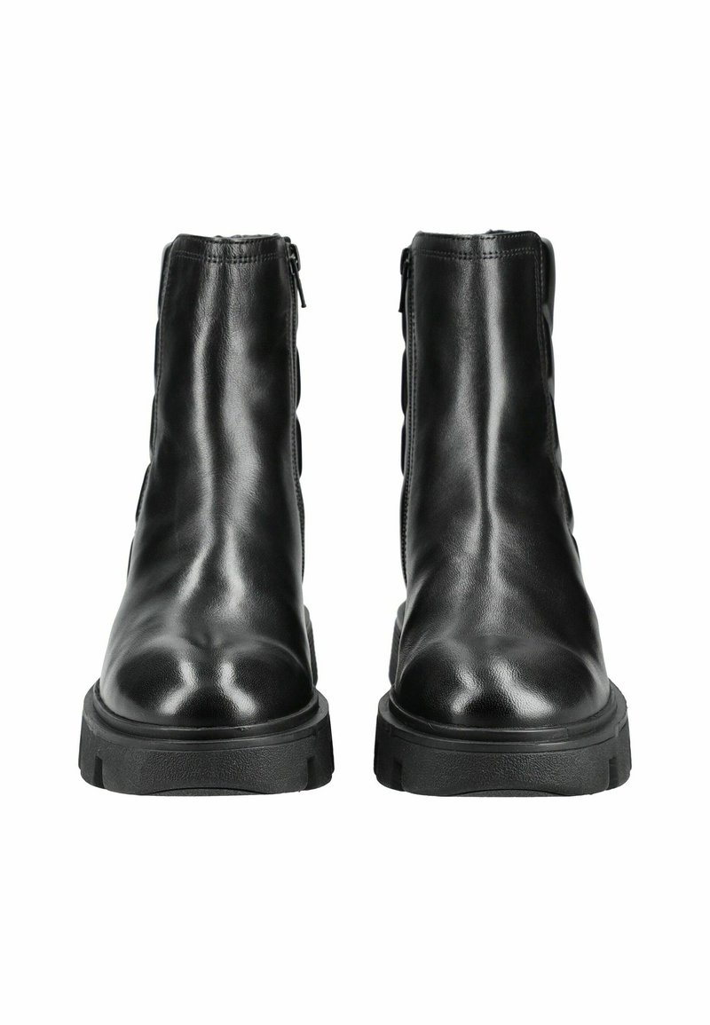 Czarne skórzane botki za kostkę o gładkim wykończeniu, z bocznymi zamkami błyskawicznymi, masywnymi gumowymi podeszwami i minimalstycznym wzornictwem.