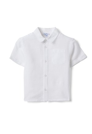 Chemise blanche à manches courtes avec col et poche poitrine, présentée sur un fond blanc uni.