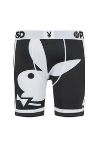 Boxers noirs et blancs avec un grand logo de lapin blanc, des panneaux en maille, et une ceinture élastique avec logo. Tissu doux et extensible.