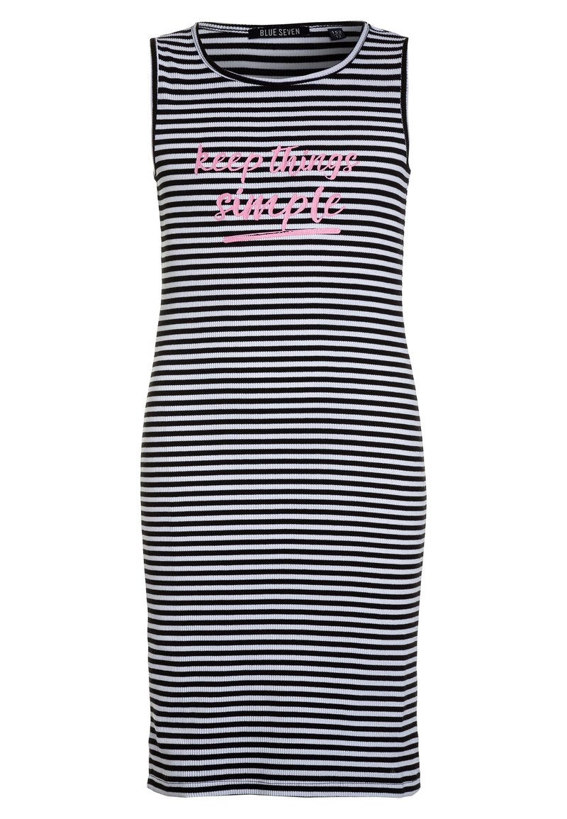 Robe sans manches rayée horizontalement en noir et blanc avec le texte rose "keep things simple" souligné sur la poitrine, en tissu côtelé, longueur au genou.
