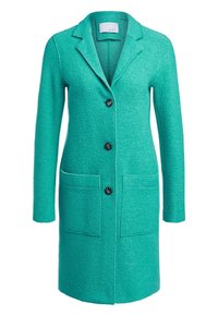 Manteau en laine mélangée teal avec un col cranté, deux poches avant et quatre boutons marron sur le devant. Manches longues et design mi-long.