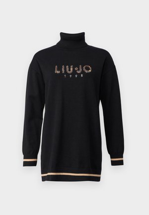 Black turtleneck sweater with long sleeves featuring a rhinestone logo "LIU JO" and the year "1995," accented with beige stripes at the hem and cuffs.