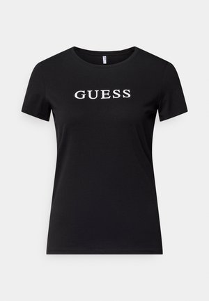 Zwart katoenen T-shirt met korte mouwen en een ronde hals. Op de voorkant staat de tekst "GUESS" in grote witte letters.