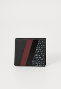 Black wallet features a textured finish, a burgundy stripe, and repeated blue brand lettering. Compact, rectangular design with a foldable structure.