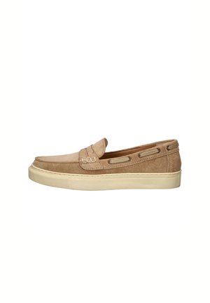 Light brown suede slip-on casual shoe with cream rubber sole and decorative lacing detail on the side, shown from the side.