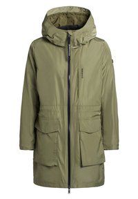 Olivgrön vattentät parkas med huva, framzip, två stora framfickor och en slät, lätt tygfinish.