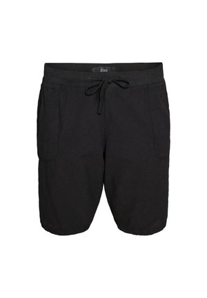 Pantaloncini casual neri con vita elastica, coulisse, tasche frontali applicate e orli elastici.