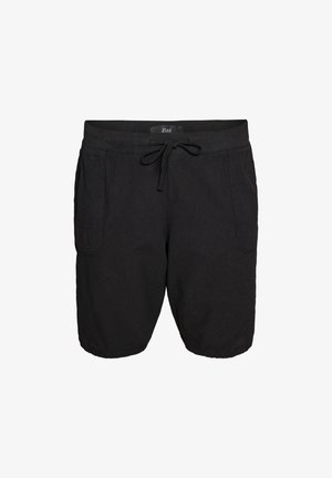 Pantaloncini casual neri con vita elastica, coulisse, tasche frontali applicate e orli elastici.