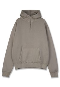 Khaki pulóver s kapucňou a polovičným zipsom, veľká predná vrecko a rebrové manžety. Vyrobené z mäkkej tkaniny s voľným strihom.