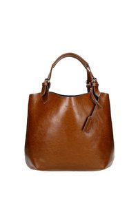 Borsa a tracolla in pelle marrone con una superficie liscia, forma morbida e arrotondata, e manici superiori resistenti; presenta un piccolo dettaglio di etichetta appesa.