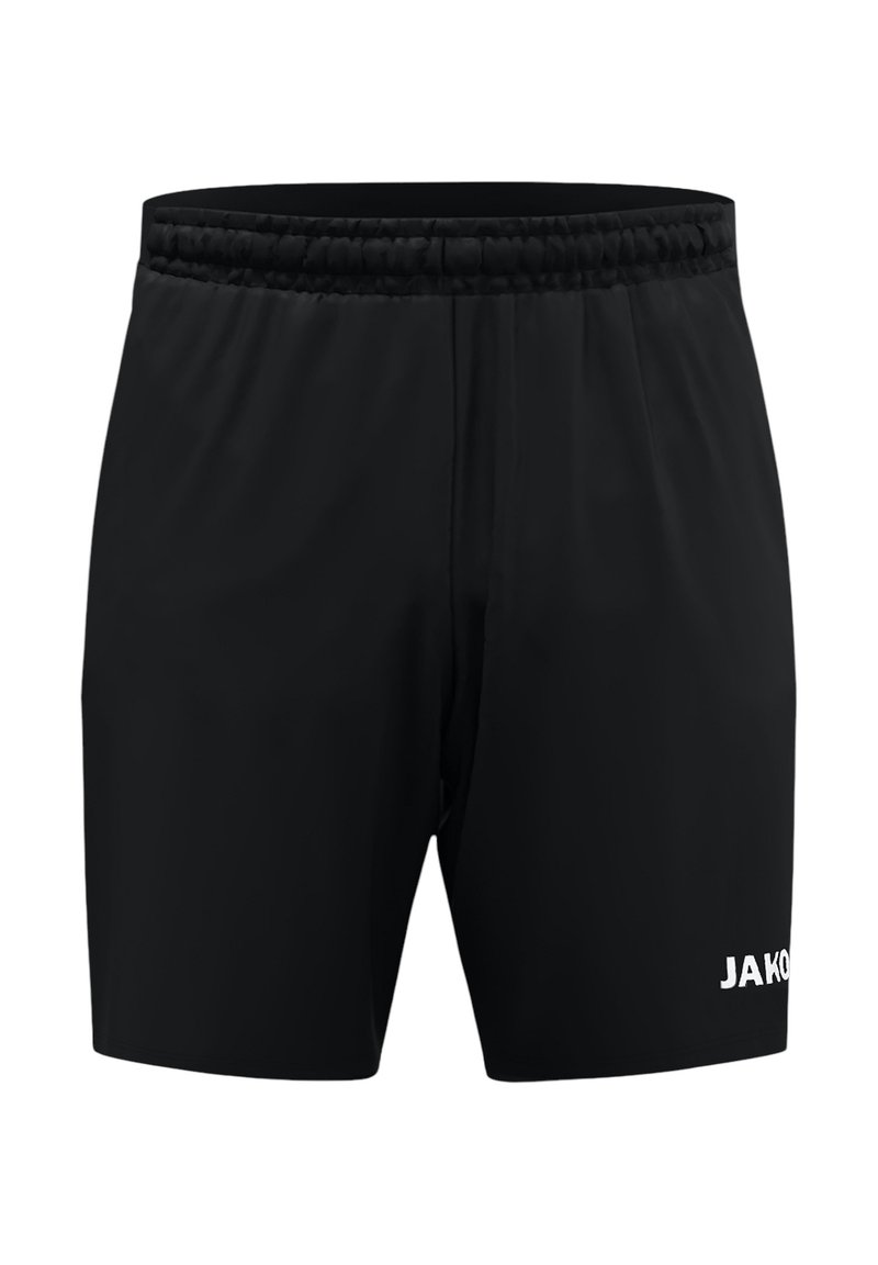 Schwarze Sportshorts aus leichtem Material. Mit einem elastischen Bund und dem weißen "JAKO"-Logo auf der unteren rechten Seite.