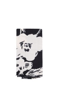 Sciarpa in bianco e nero con motivo floreale, realizzata in tessuto leggero con orli sfrangiati. Forma rettangolare con colori a contrasto.