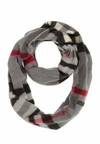Sciarpa infinity a quadri grigia con accenti rossi e neri. Realizzata in tessuto morbido, presenta una superficie liscia e un design a loop continuo.