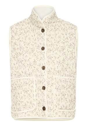 Veste crème sans manches avec col montant, petit imprimé floral marron, cinq boutons marron sur le devant et deux poches plaquées à l'avant.