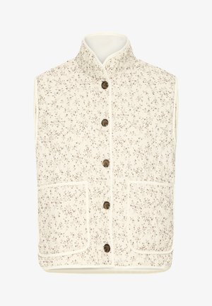 Veste crème sans manches avec col montant, petit imprimé floral marron, cinq boutons marron sur le devant et deux poches plaquées à l'avant.