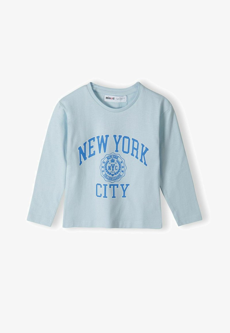 Svetlo modra srajca z dolgimi rokavi in krožnim izrezom, ki vsebuje grafični tisk v temno modri barvi z napisom "NEW YORK CITY" in krožnim emblemom.