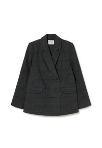 Blazer de doble botonadura en gris oscuro con patrón de cuadros, solapas muestradas y bolsillos frontales con solapa, dispuesto sobre fondo blanco.