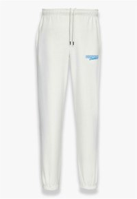 Hvite joggebukser med elastisk midje og mansjetter, med en blå logo på høyre lår. Laget av myk og slitesterk stoff.